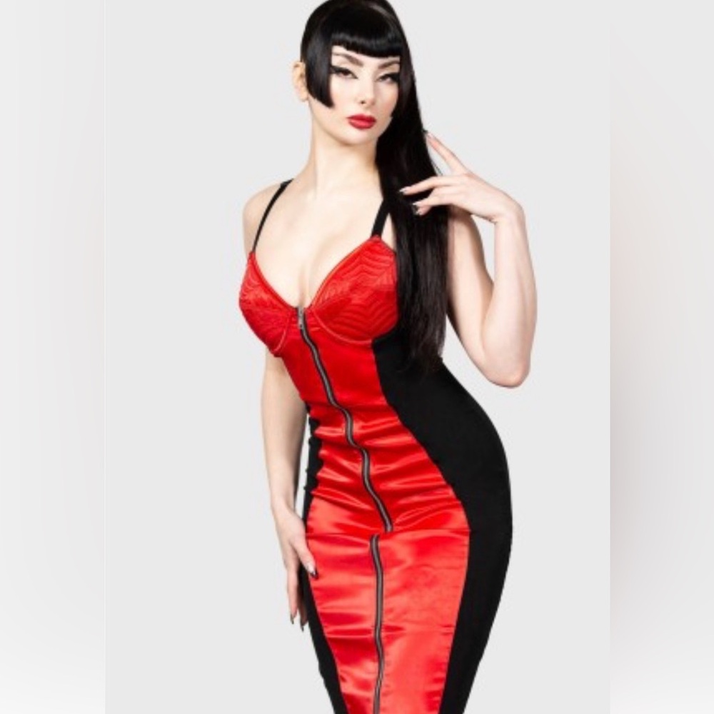 Killstar Scarlet Dee Ville MIDI Dress red and Black Zipper Dress